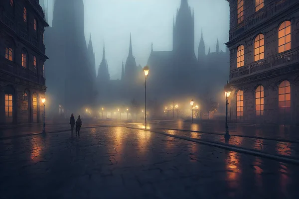 Ethereal gothic city in the rain, intricate buildings and people walking in the street, vanishing point, illustration