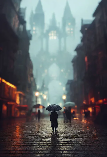 Cidade Gótica Etérea Chuva Edifícios Intrincados Pessoas Andando Rua Ponto — Fotografia de Stock