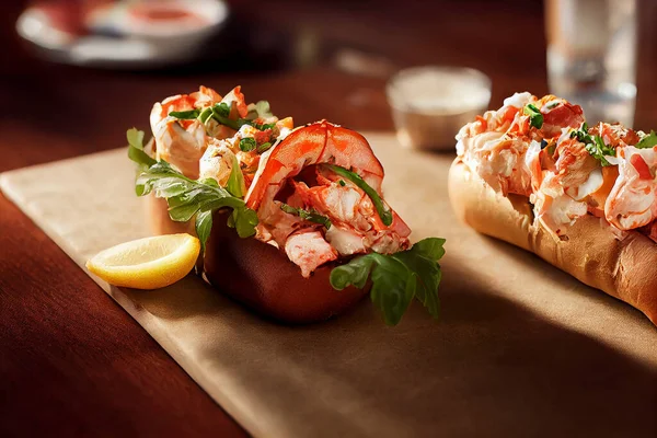 Tasty fresh lobster roll sandwiches on a rustic wooden board, food photography, photorealistic illustration