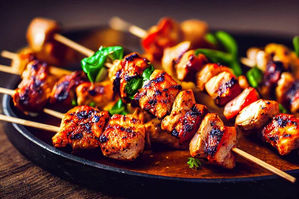 Chicken Kebab Red Marinade Spices Wooden Skewers Dark Culinary Board — Stock Photo, Image