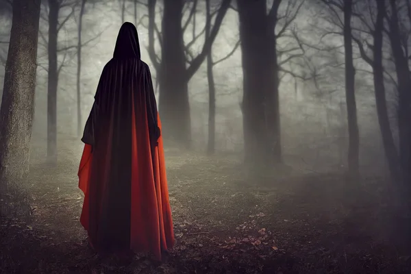 Scary fantasy witch woman in a black dress and cape with a hood walking through a dark dense deep autumn forest orange, Halloween theme