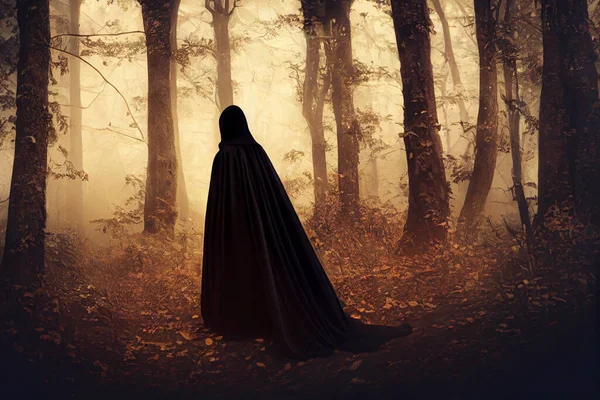 Scary fantasy witch woman in a black dress and cape with a hood walking through a dark dense deep autumn forest orange, Halloween theme