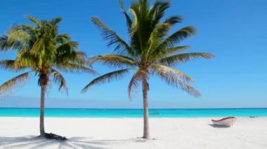 iki palmiye ağaçları ve paradise yakınındaki cancun gibi kıyıya vurmuş tekne ile Karayip tulum beyaz kum plaj