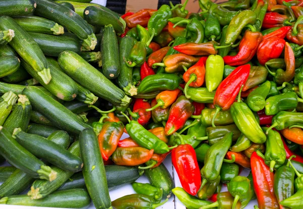 Pestré zelené a červené papriky a cukety — Stock fotografie