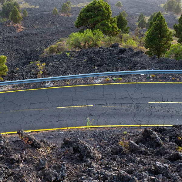 La Palma road detail in volcanic lava landscape — Stock Photo, Image