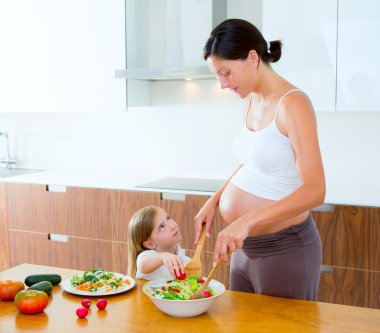 güzel hamile anne ile kızı mutfakta