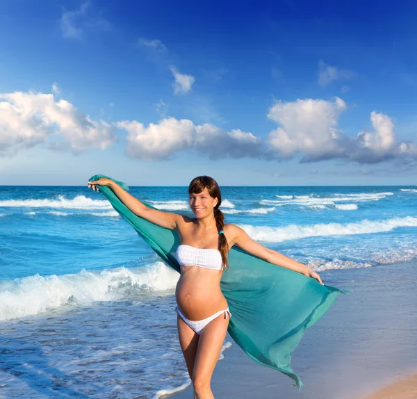 Beautiful pregnant woman walking on blue beach Stock Image