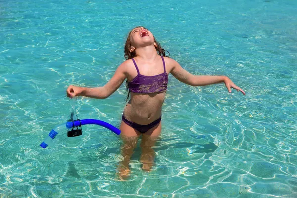Aqua water beach and open arms bikini little girl — Stock Photo, Image