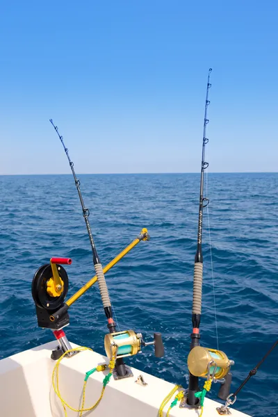 Båt trolling fiskeredskap downrigger och två stavar — Stockfoto