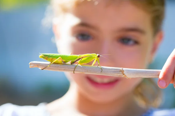 Naturalista biólogo criança menina olhando louva-a-deus — Fotografia de Stock