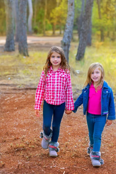 Niños hermanas niñas caminando en el bosque de pinos —  Fotos de Stock