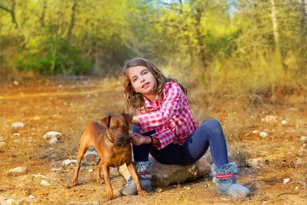 Ragazza seduta nella pineta con un cagnolino in mano — Foto Stock