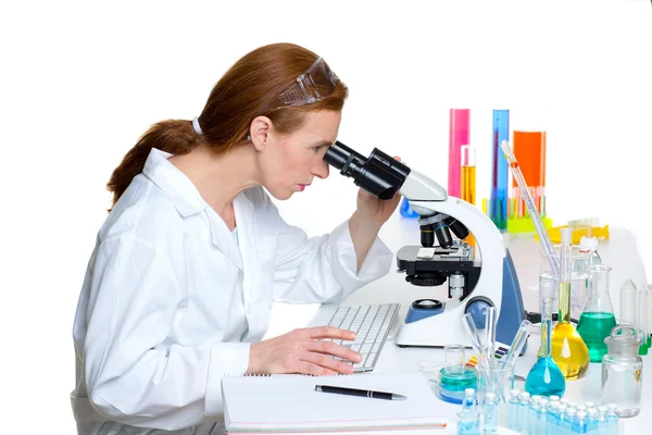 Chemical laboratory scientist woman looking microscope — Stock Photo, Image