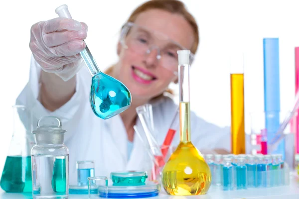 Chemical laboratory scientist woman with glass flask — Stock Photo, Image