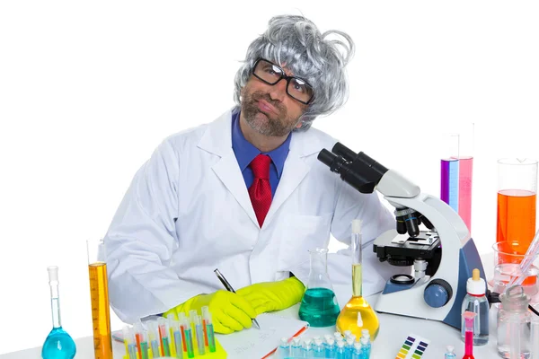 Nerd crazy scientist man portrait working at laboratory — Stock Photo, Image