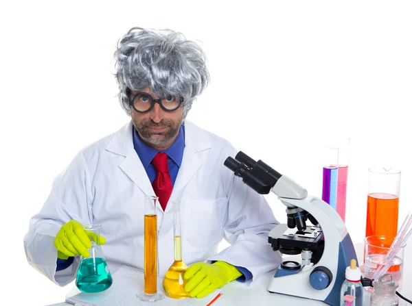 Nerd crazy scientist man portrait working at laboratory — Stock Photo, Image