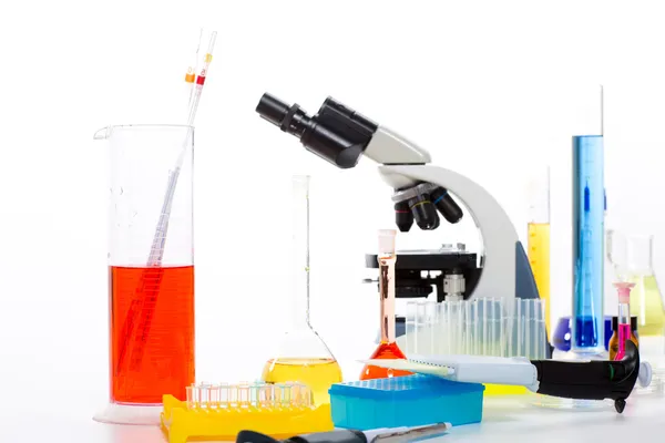 Chemical laboratory with microscope test tube flask — Stock Photo, Image