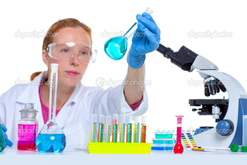 chemical laboratory scientist woman with glass flask