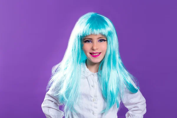 Children girl with blue truquoise long wig as fashiondoll — Stock Photo, Image