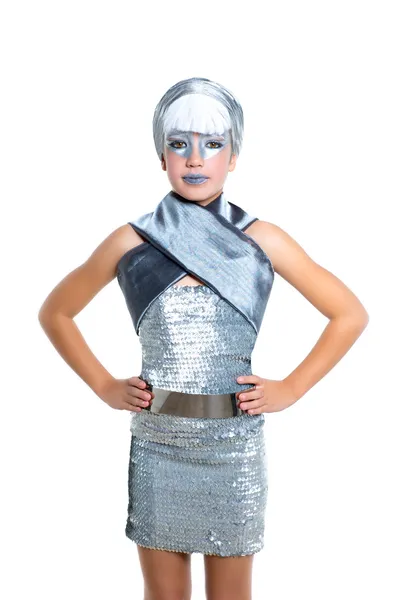 Barn futuristiska mode barn flicka silver makeup — Stockfoto