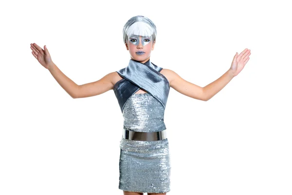 Barn futuristiska mode barn flicka silver makeup — Stockfoto