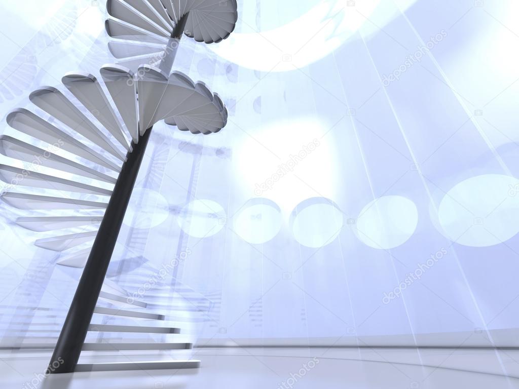 Futuristic round indoor with glass spiral staircase