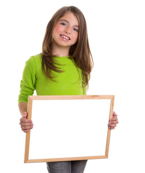 Child girl with white frame copy space white blackboard — Stock Photo, Image