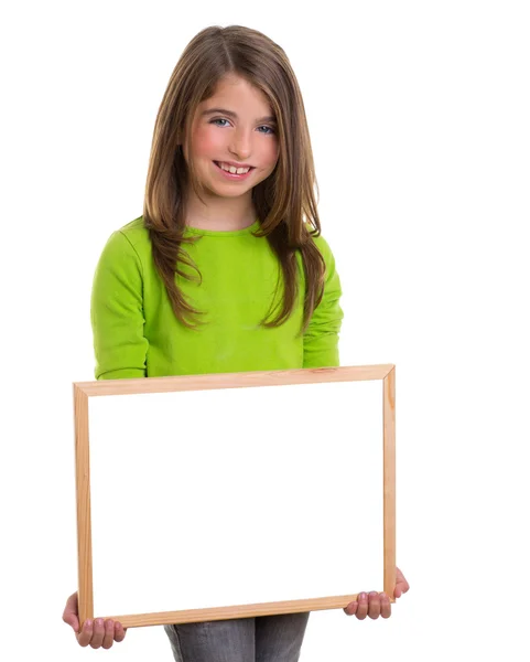 Child girl with white frame copy space white blackboard — Stock Photo, Image