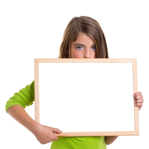 Child girl with white frame copy space white blackboard — Stock Photo, Image