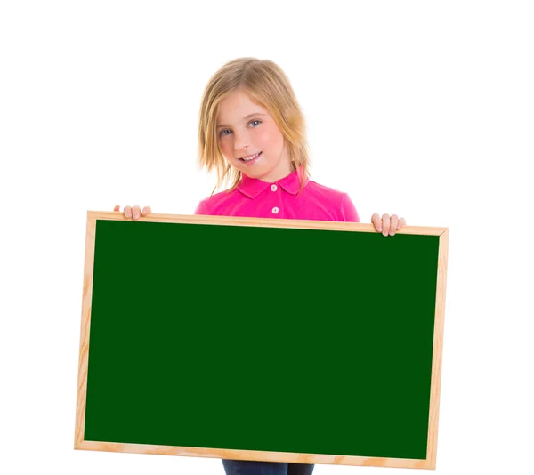 Child kid happy girl holding blank blackboard copyspace — Stock Photo, Image