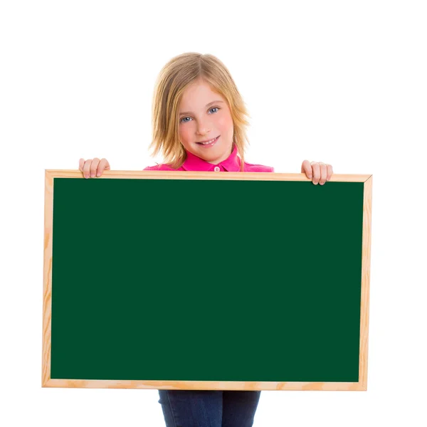 Child kid happy girl holding blank blackboard copyspace — Stock Photo, Image