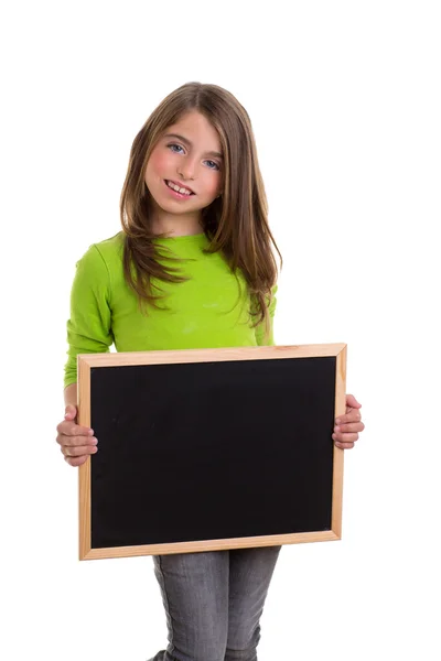 Criança menina com quadro branco cópia espaço preto quadro negro — Fotografia de Stock