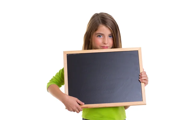 Criança menina com quadro branco cópia espaço preto quadro negro — Fotografia de Stock