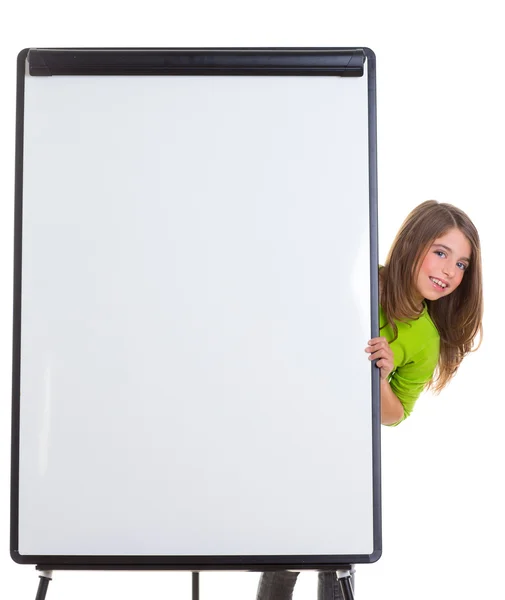 Child happy girl with blank flip chart white copy space — Stock Photo, Image