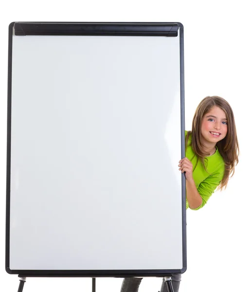 Gyermek boldog lány üres flip-chart fehér másol hely — Stock Fotó