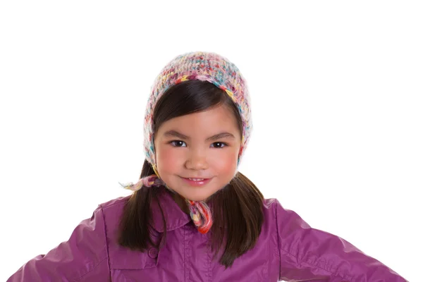 Asiatische Kind Kind Mädchen Winter Porträt lila Mantel und Wollmütze — Stockfoto