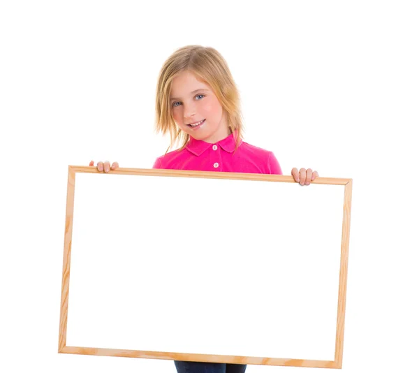 Criança criança feliz menina segurando branco blackboard copyspace — Fotografia de Stock