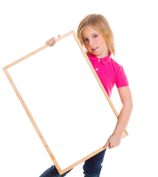 Child kid happy girl holding blank blackboard copyspace — Stock Photo, Image