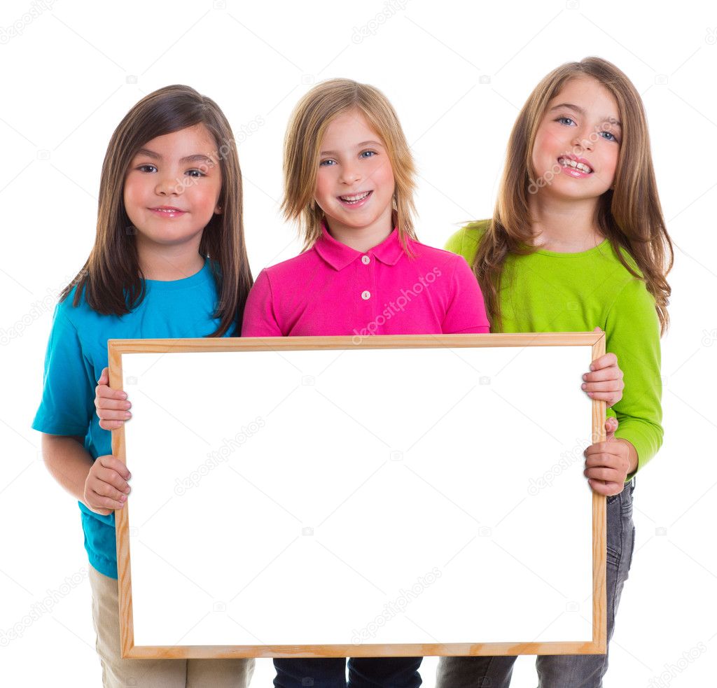 children girls group holding blank white board copy space