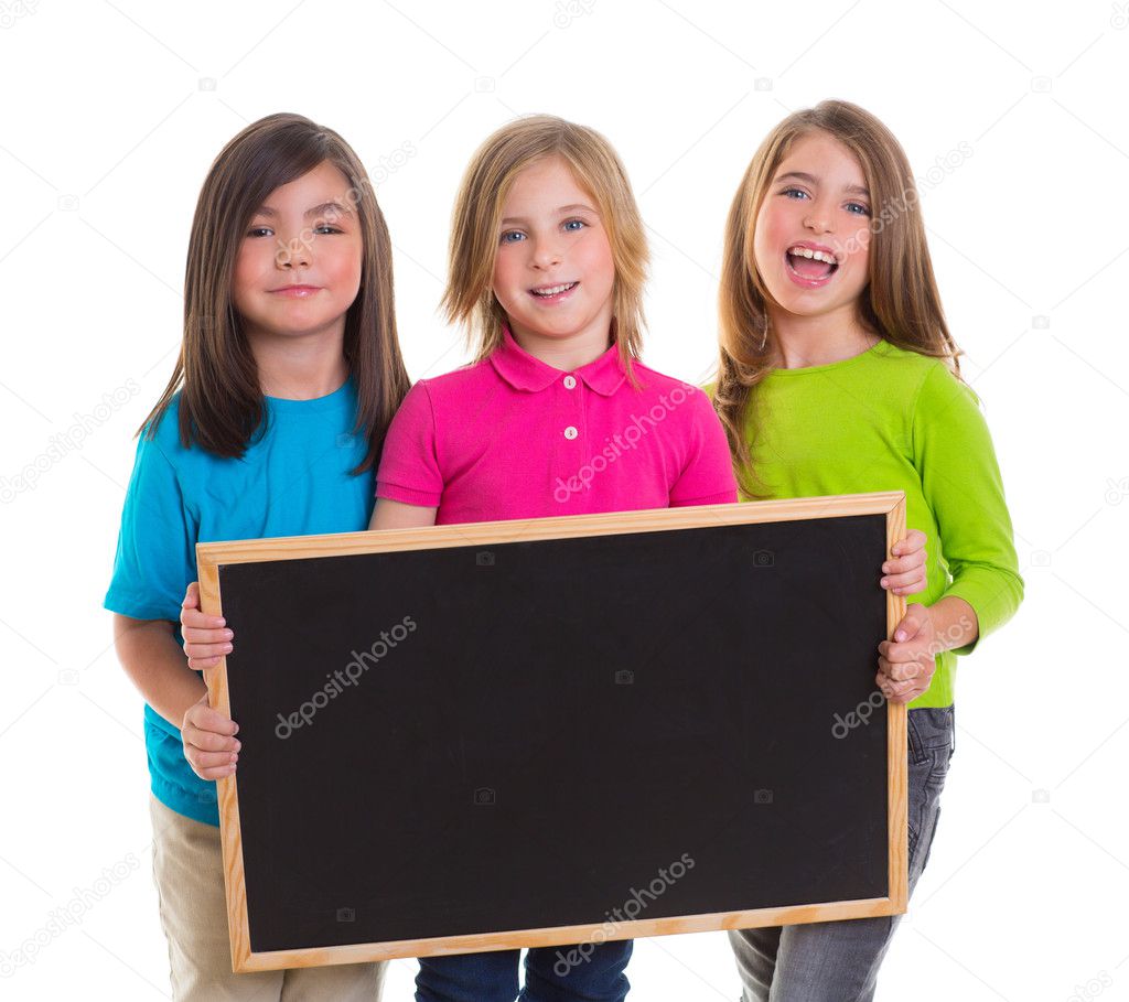 children girls group holding blank blackboard copy space