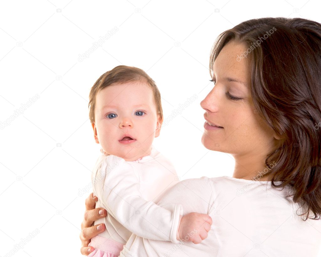 Baby girl hug in mother arms on white