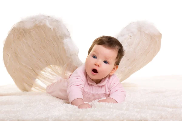 Bébé fille ange avec plumes ailes blanches — Photo