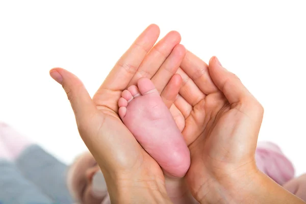 Bebek çıplak ayaklar üzerine beyaz holding anne eller — Stok fotoğraf