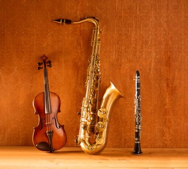 Classic music Sax tenor saxophone violin and clarinet vintage clipart