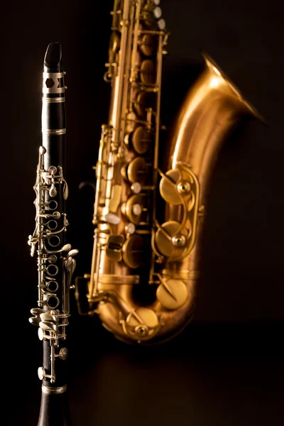 Classic music Sax tenor saxophone and clarinet in black — Stock Photo, Image