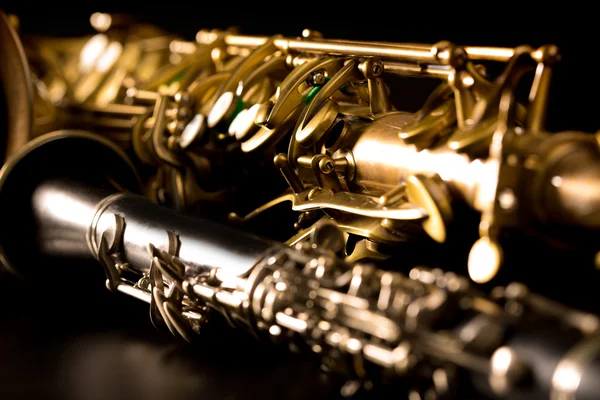 Classic music Sax tenor saxophone and clarinet in black — Stock Photo, Image