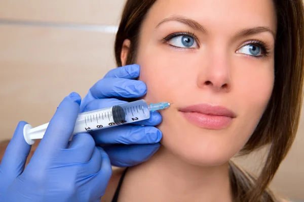 Anti aging facial mesotherapy with syringe closeup woman face — Stock Photo, Image