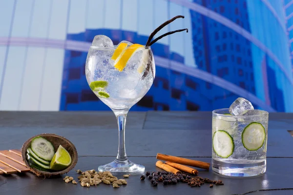 Gin tonic cocktail with spices in urban city buildings — Stock Photo, Image
