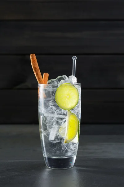 Gin tonic cocktail med lima kanel och ice cube på svart — Stockfoto