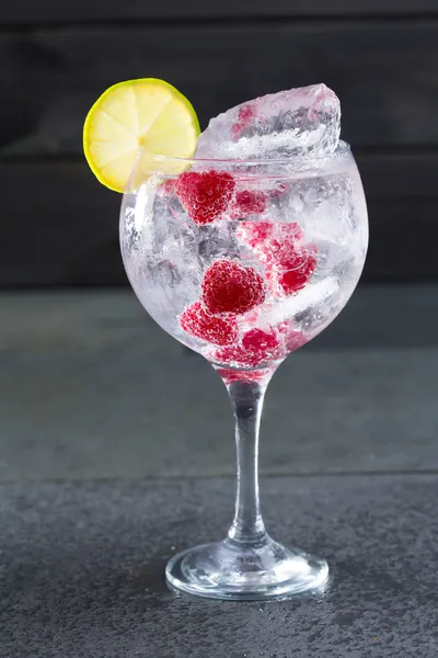 Джин-тоник с малиновым ломтиком лимы и льдом — стоковое фото